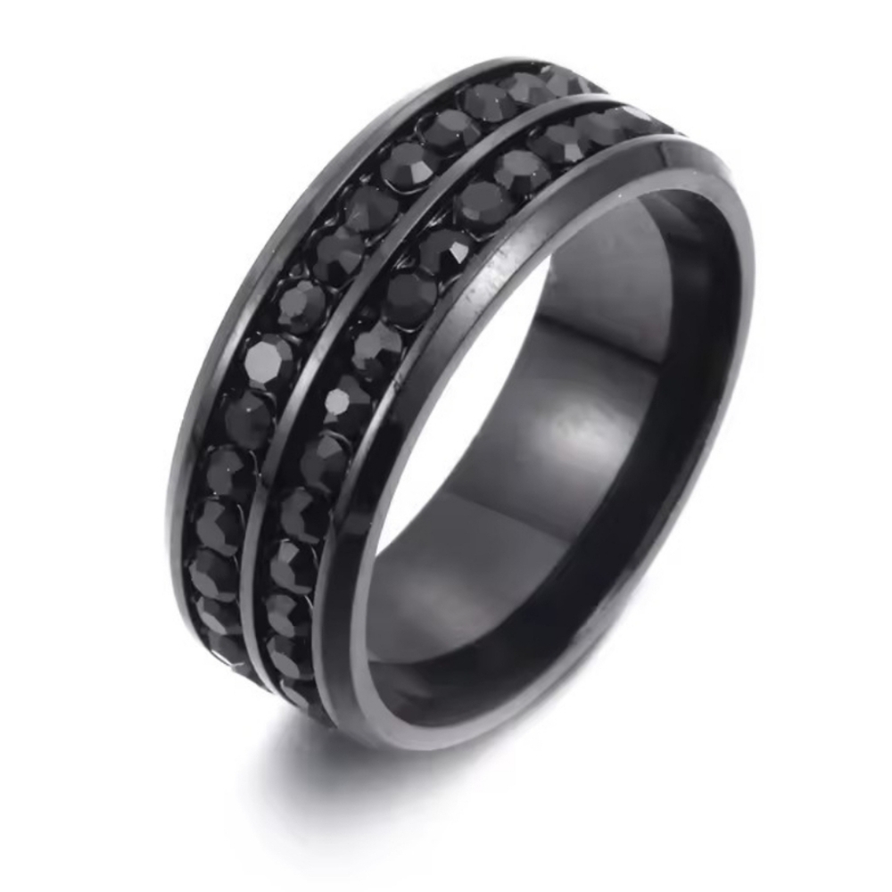 Elegant Unisex Black Stainless Steel Crystal Band Ring
